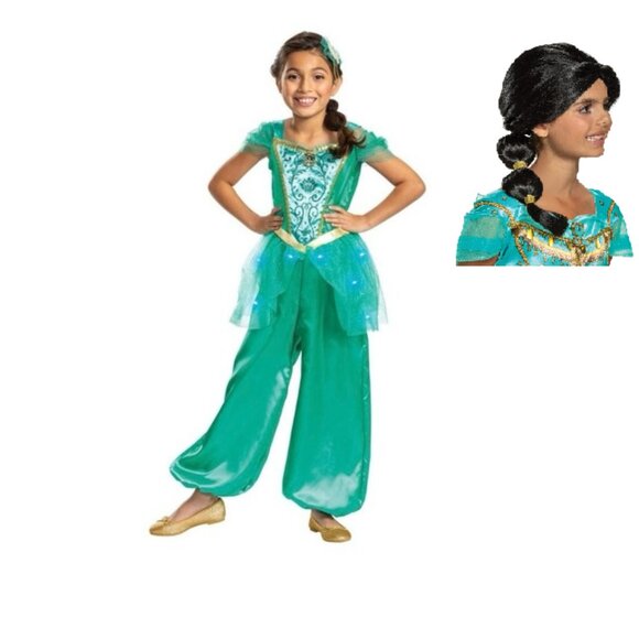 Disney Aladdin Jasmine Light Up Halloween Costume 7/8 Jumpsuit, WIG 3 Pc Girls - Picture 1 of 9